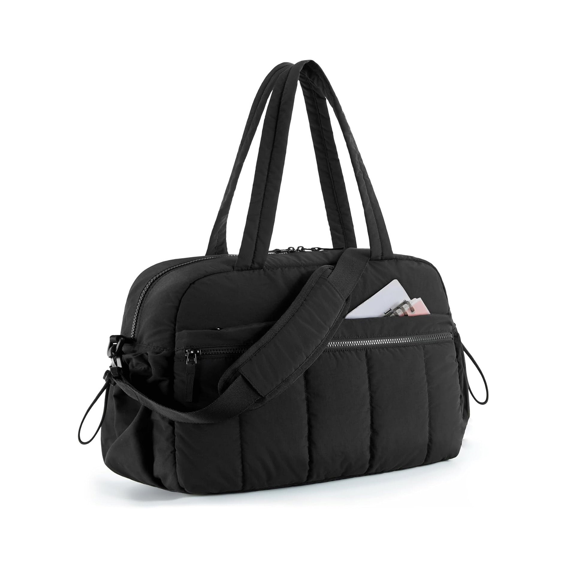 Black Large Capacity Quilted Travel Tote Bag - Waterproof Gym Duffel with Wet Pocket (42x19x30cm)