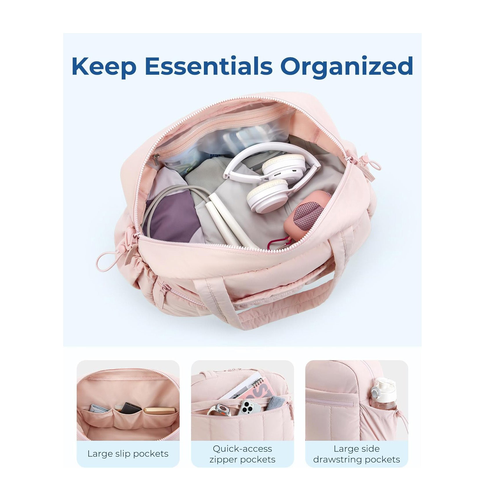 Pink Large Capacity Quilted Travel Tote Bag - Waterproof Gym Duffel with Wet Pocket (42x19x30cm) 3