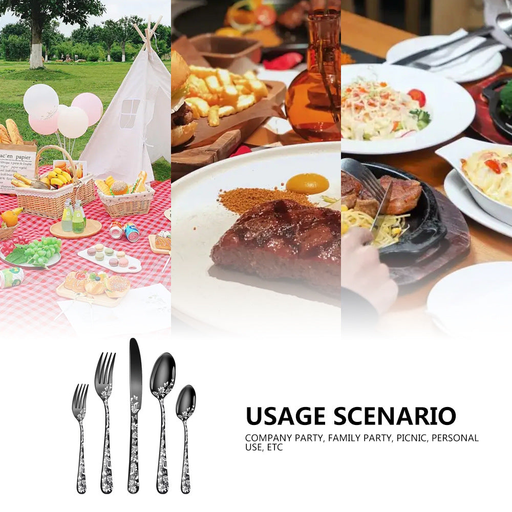 Multicolor Elegant 20-Piece Stainless Steel Cutlery Set with Floral Design - Dinner & Steak Knives, Forks, Spoons 3