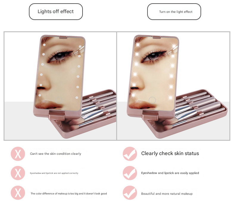 Pink LED Lighted Makeup Mirror with 5-Piece Cosmetic Brush Set and Dustproof Storage Case 3