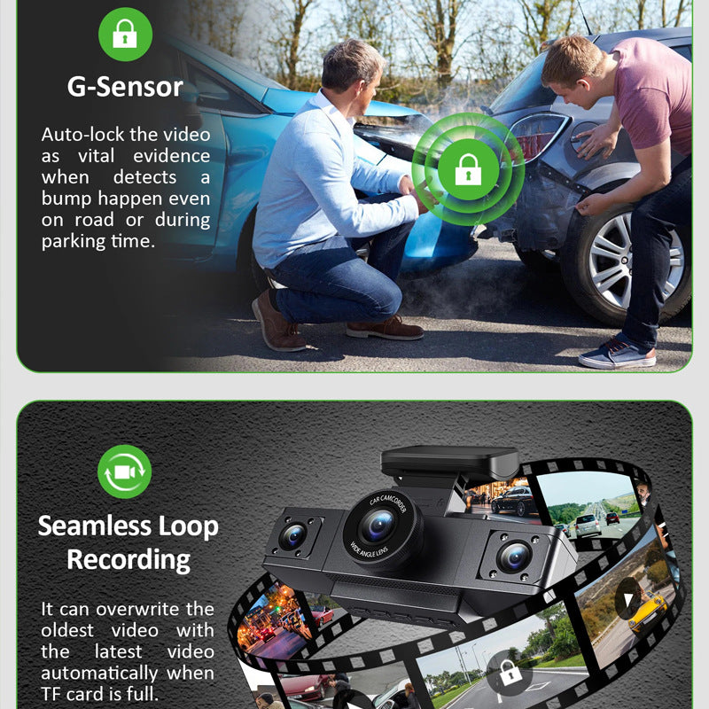 3-Inch HD 1080P Dash Cam - Front, Rear, and Left Recording, 19x12x8cm 3