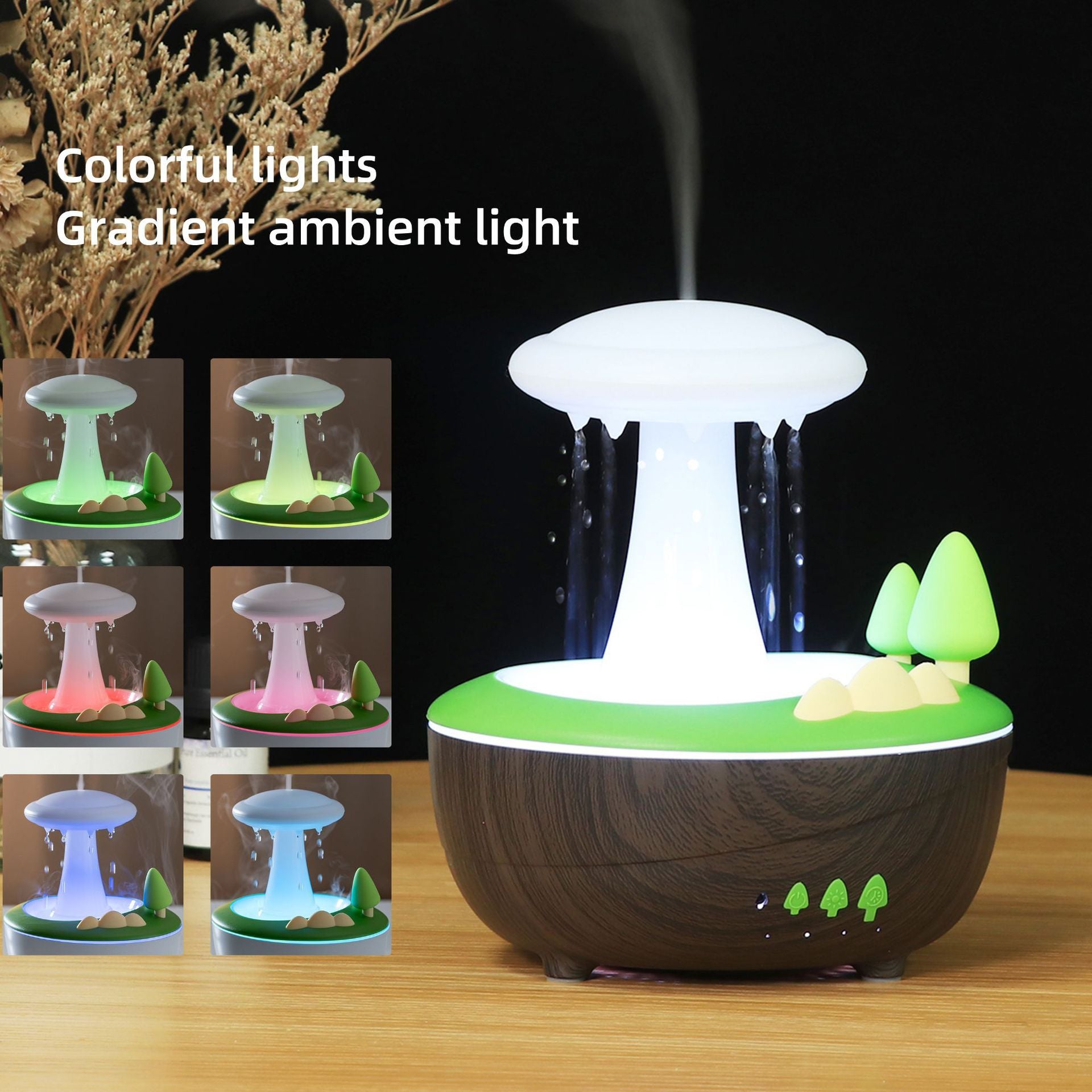 Dark Woodgrain Raindrop Mushroom Aroma Diffuser - 280mL Ultrasonic Humidifier with Colorful Lights 3