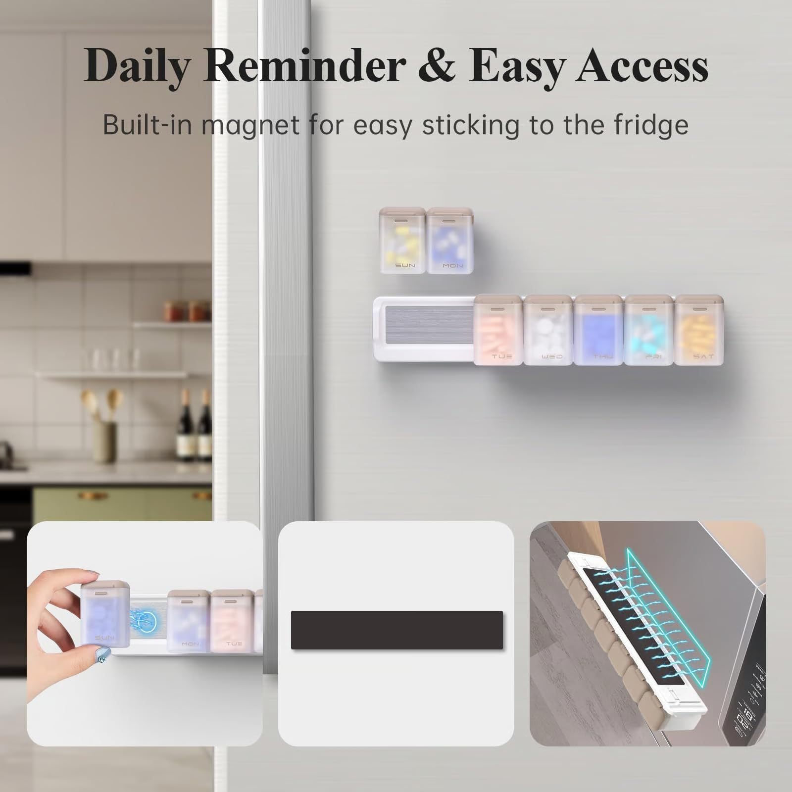 Transparent + Grey Cover Weekly Pill Organizer 1-Time-a-Day - Large Capacity Magnetic Closure Pill Box (246 x 49 x 23 mm) 3