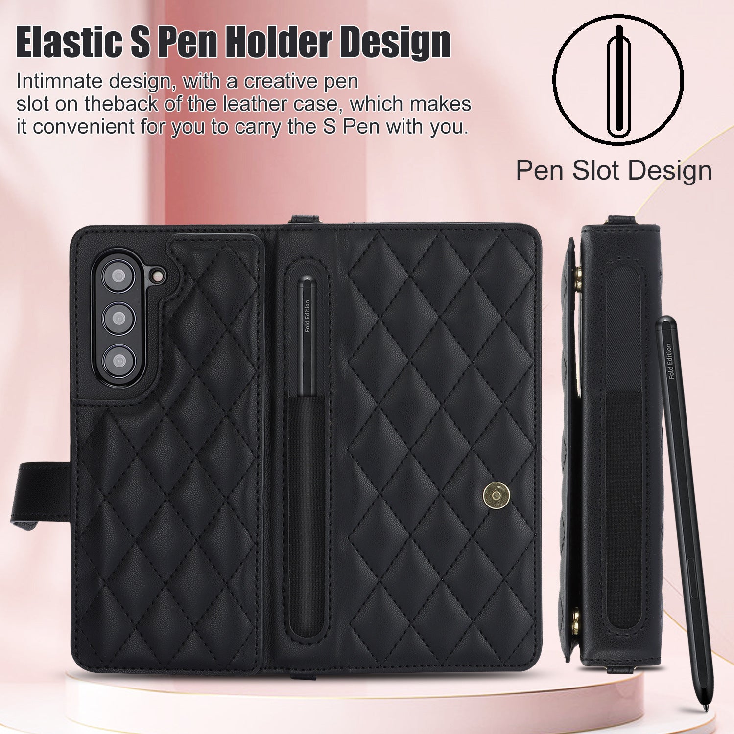 White Galaxy Z Fold4 Multi-Functional Leather Wallet Case for Samsung Z Fold Series - Crossbody with Pen Slot, Quilted Design Pen Not Included 6
