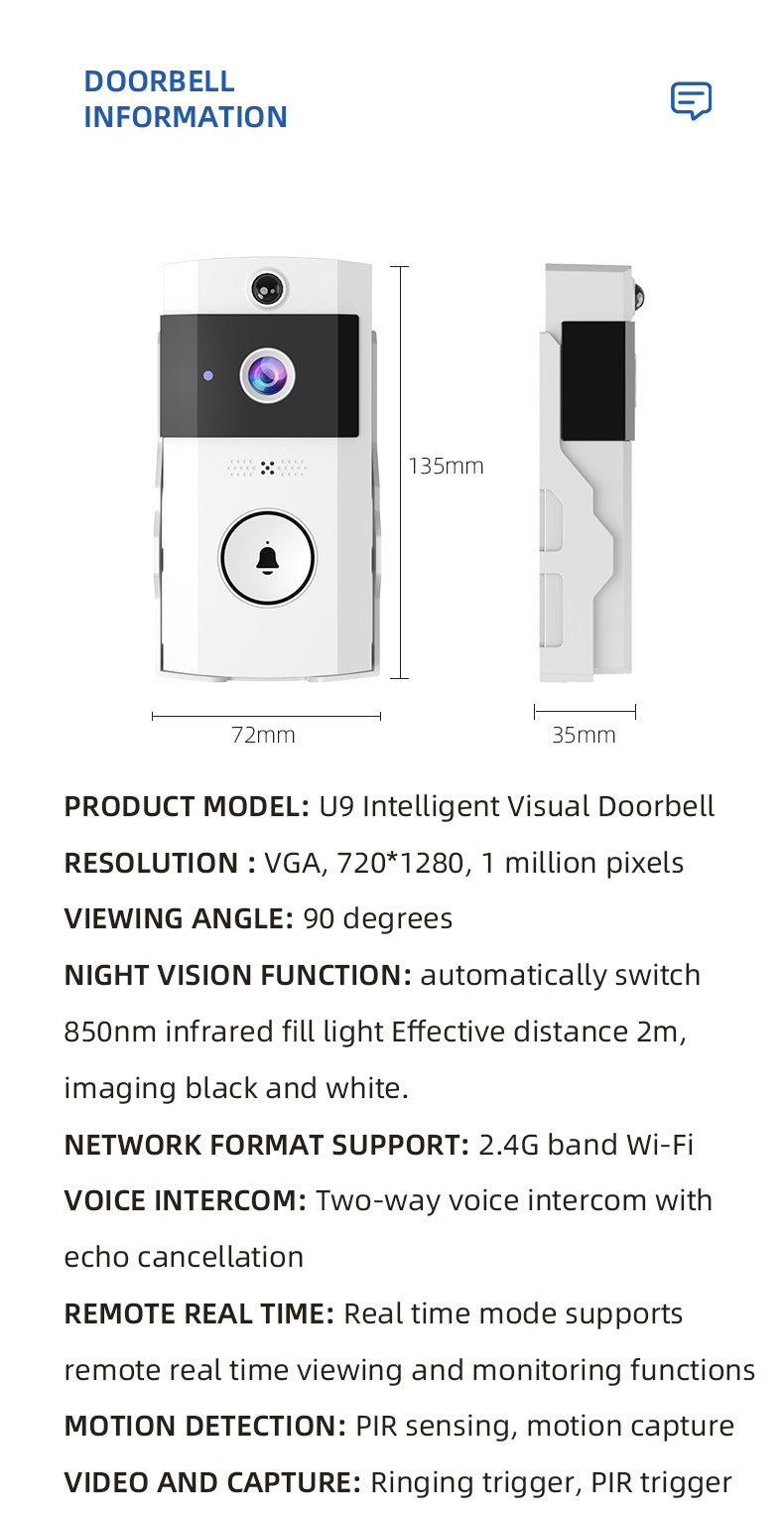 U9 Visual Doorbell HD Wireless Video Doorbell with Long-Lasting Battery 5