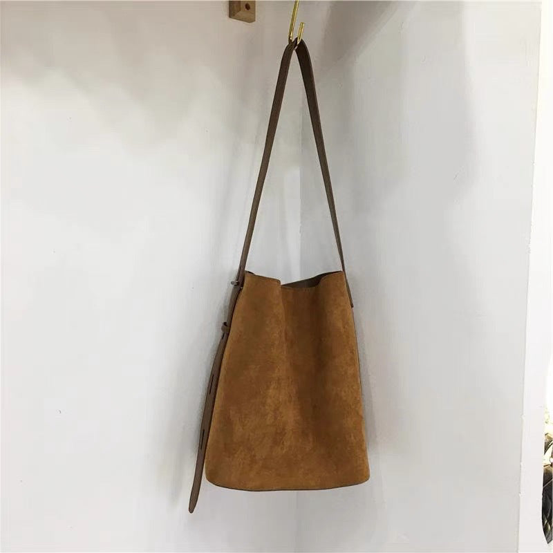 Light Brown Vintage Leopard Suede Bucket Bag for Women with Crossbody Strap