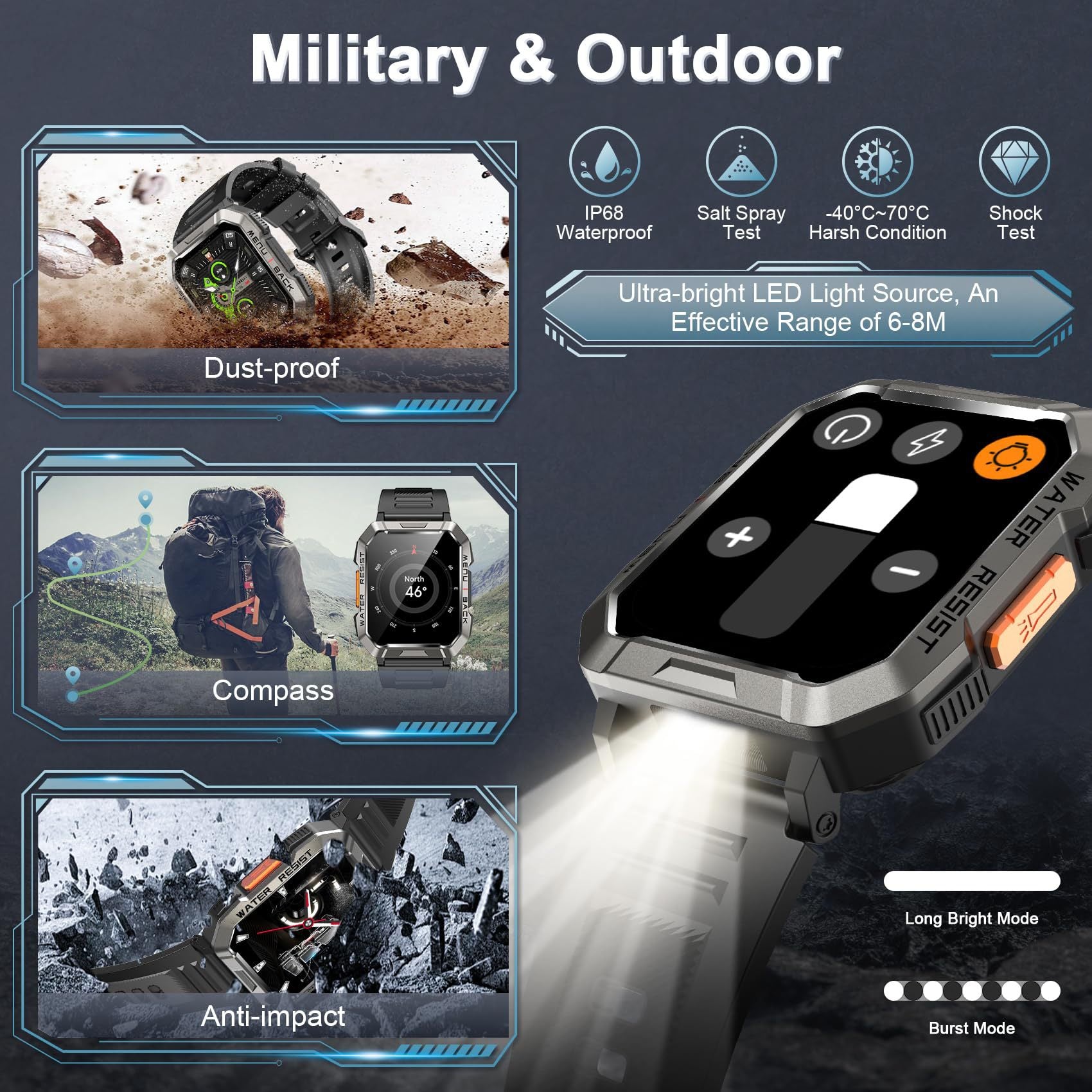 Men's Outdoor Smartwatch with Bluetooth Calling and Flashlight 3