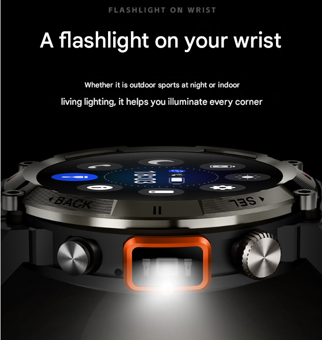 Black-red Outdoor Smartwatch with 1.45-Inch HD Round Screen and Flashlight 3