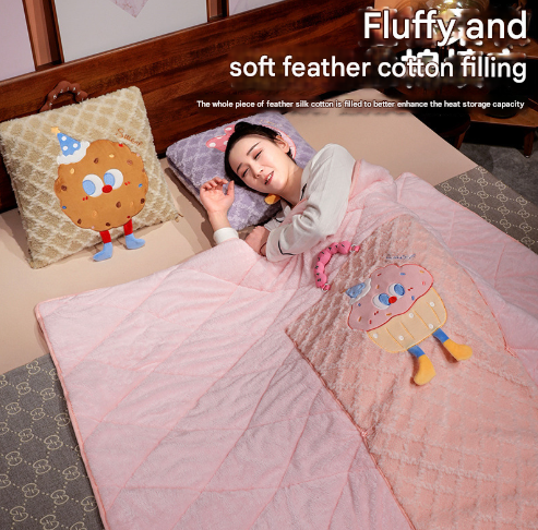 Pink Thick Fleece Cartoon Cookie Pillow Blanket 2-in-1 for Winter Car and Office Use