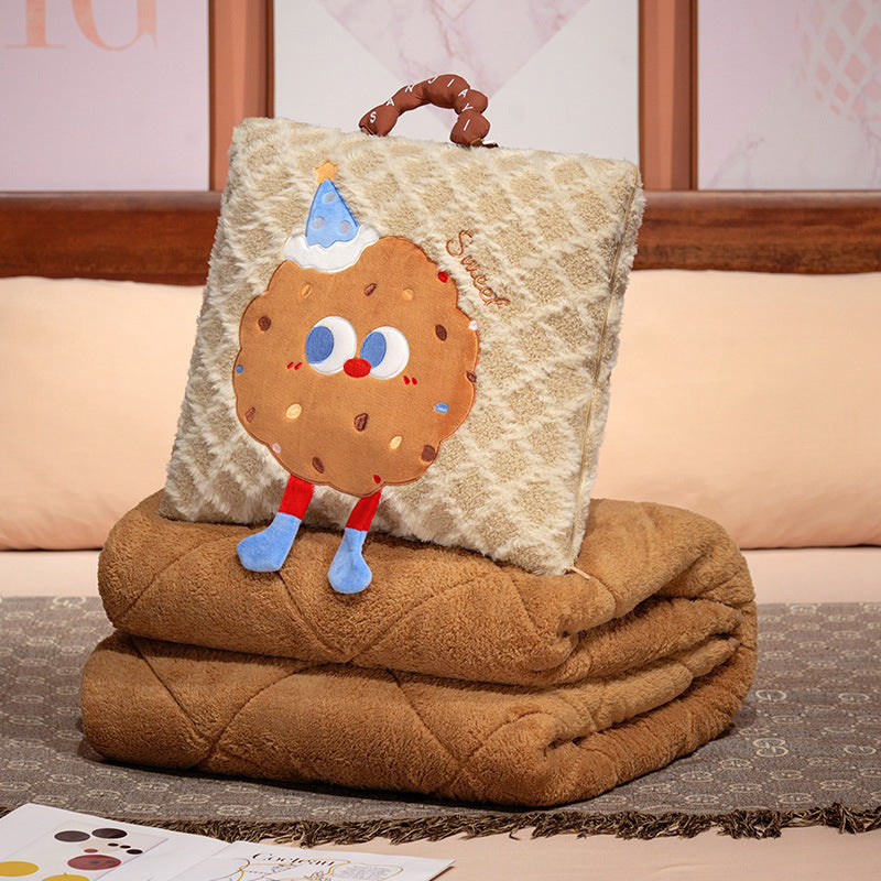 Khaki Thick Fleece Cartoon Cookie Pillow Blanket 2-in-1 for Winter Car and Office Use