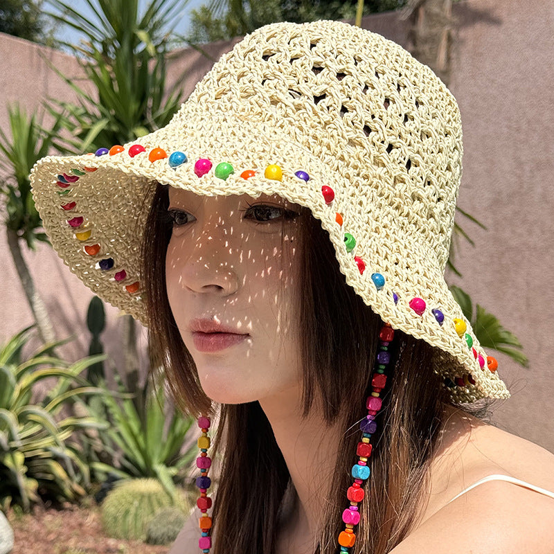 Beige Colorful Wooden Bead Straw Hat for Women - Large Brim Sun Protection