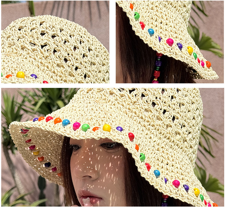 Khaki Colorful Wooden Bead Straw Hat for Women - Large Brim Sun Protection