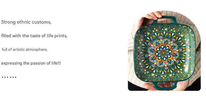 Emerald Plume 9-Inch Bohemian Ceramic Double-Handled Square Plate