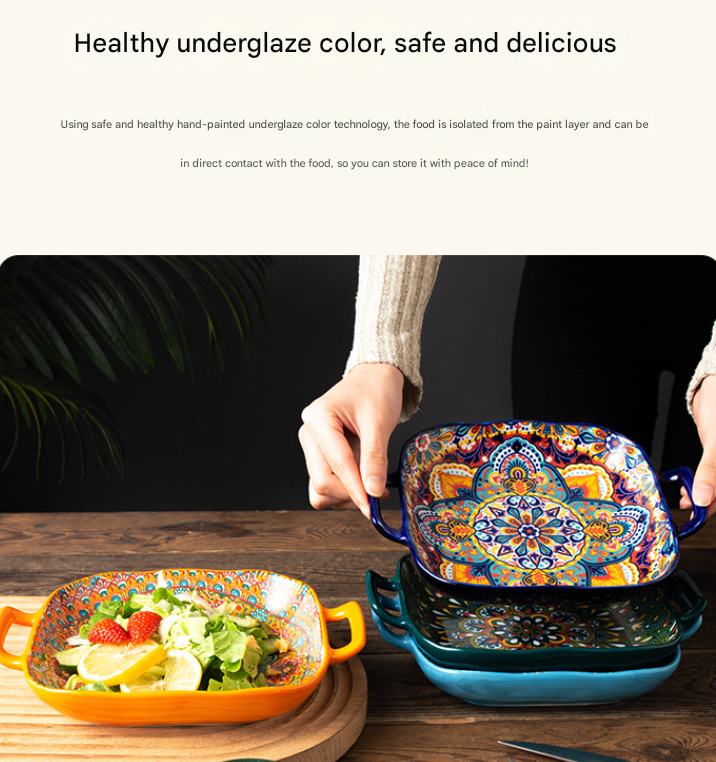 Green Gullicent 9-Inch Bohemian Ceramic Double-Handled Square Plate 3