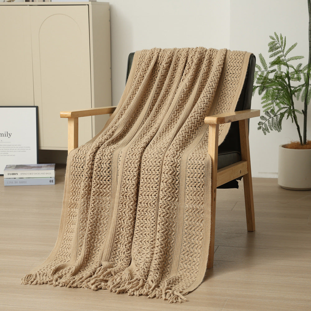 Khaki Hollow Knitted Sofa Blanket with Tassels, 120 x 165 cm, 510g, Ideal for Hotel and Home