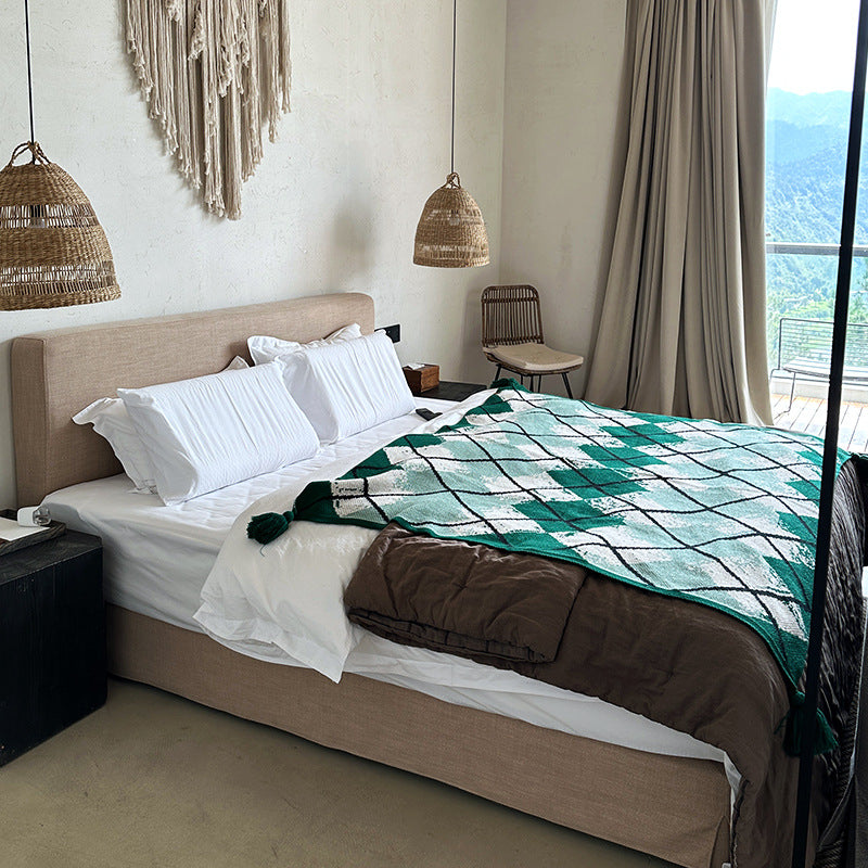 Green Chic Argyle Diamond Knit Throw Blanket with Tassels - Versatile Sofa & Bed Accent - 135 x 125cm 3