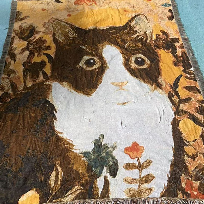 Cat Artistic Jacquard Throw Blanket - American Style Illustrated Sofa Cover & Tapestry - 130 x 160cm
