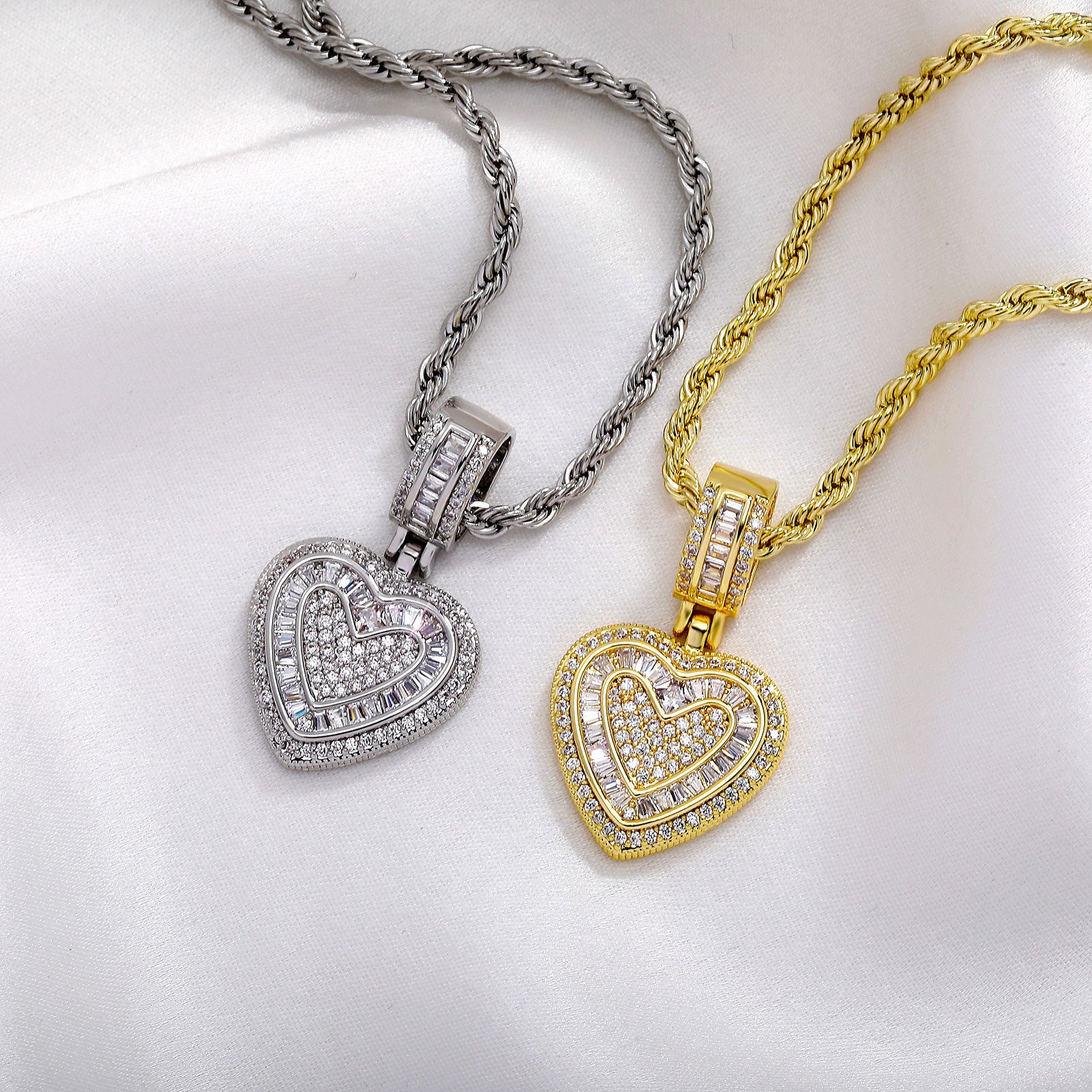 Iced Out Heart Pendant Necklace - 5A+ CZ Stones, 14K Gold Plated with Rope Chain(Silver) 3