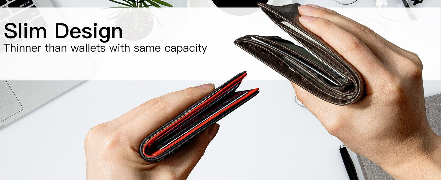 Men's Slim Leather Bifold Wallet - RFID Blocking, 11 Card Slots, ID Window(Twill black and red) 5