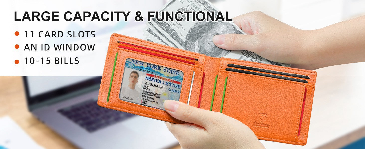 Men's Slim Leather Bifold Wallet - RFID Blocking, 11 Card Slots, ID Window(Twill black and red) 6