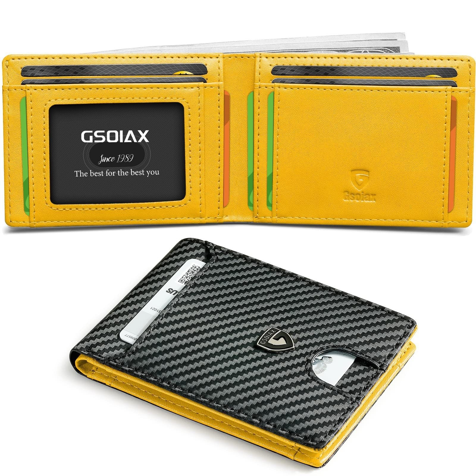Men's Slim Leather Bifold Wallet - RFID Blocking, 11 Card Slots, ID Window(Carbon Yellow)