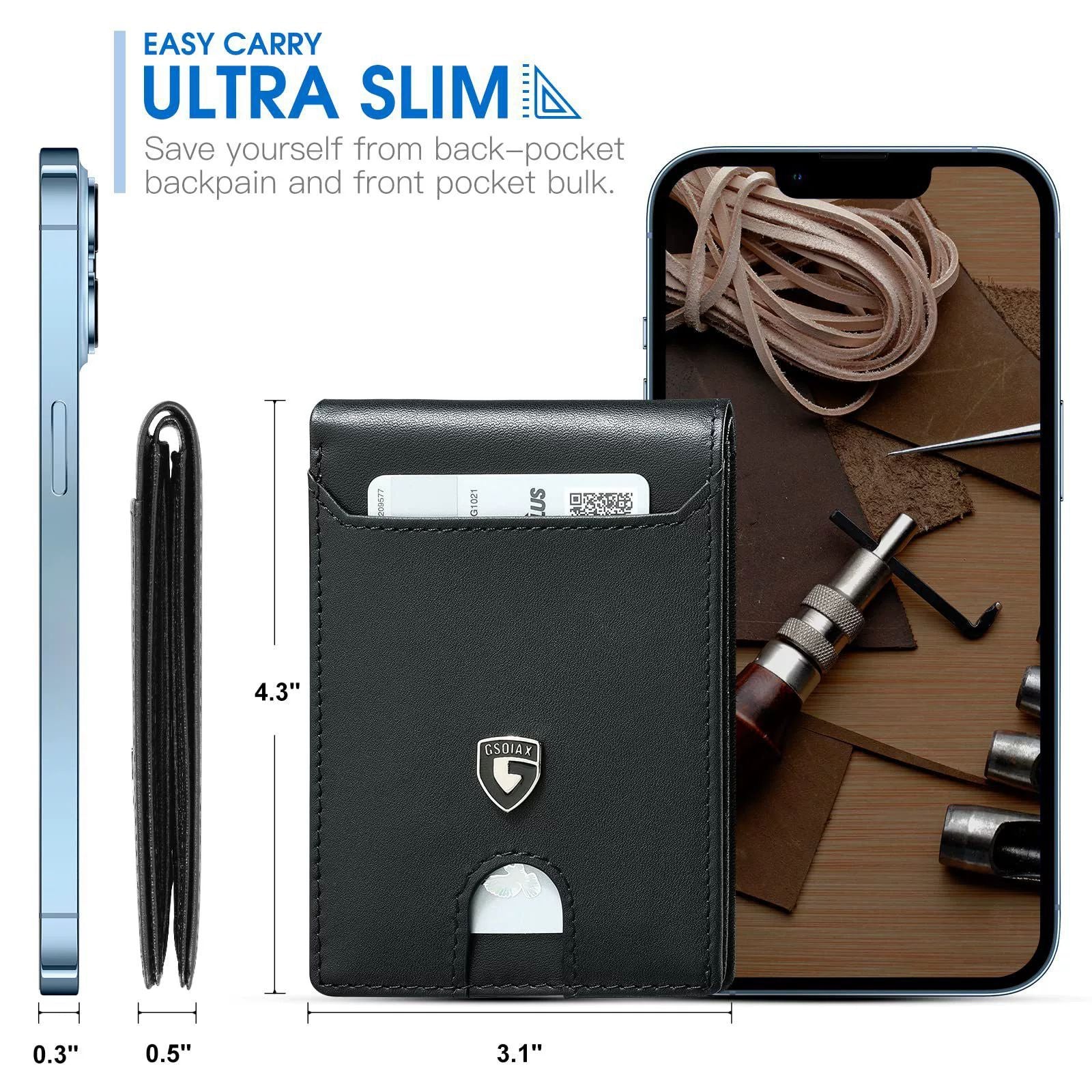Men's Slim Leather Bifold Wallet - RFID Blocking, 11 Card Slots, ID Window(Carbon Green) 3