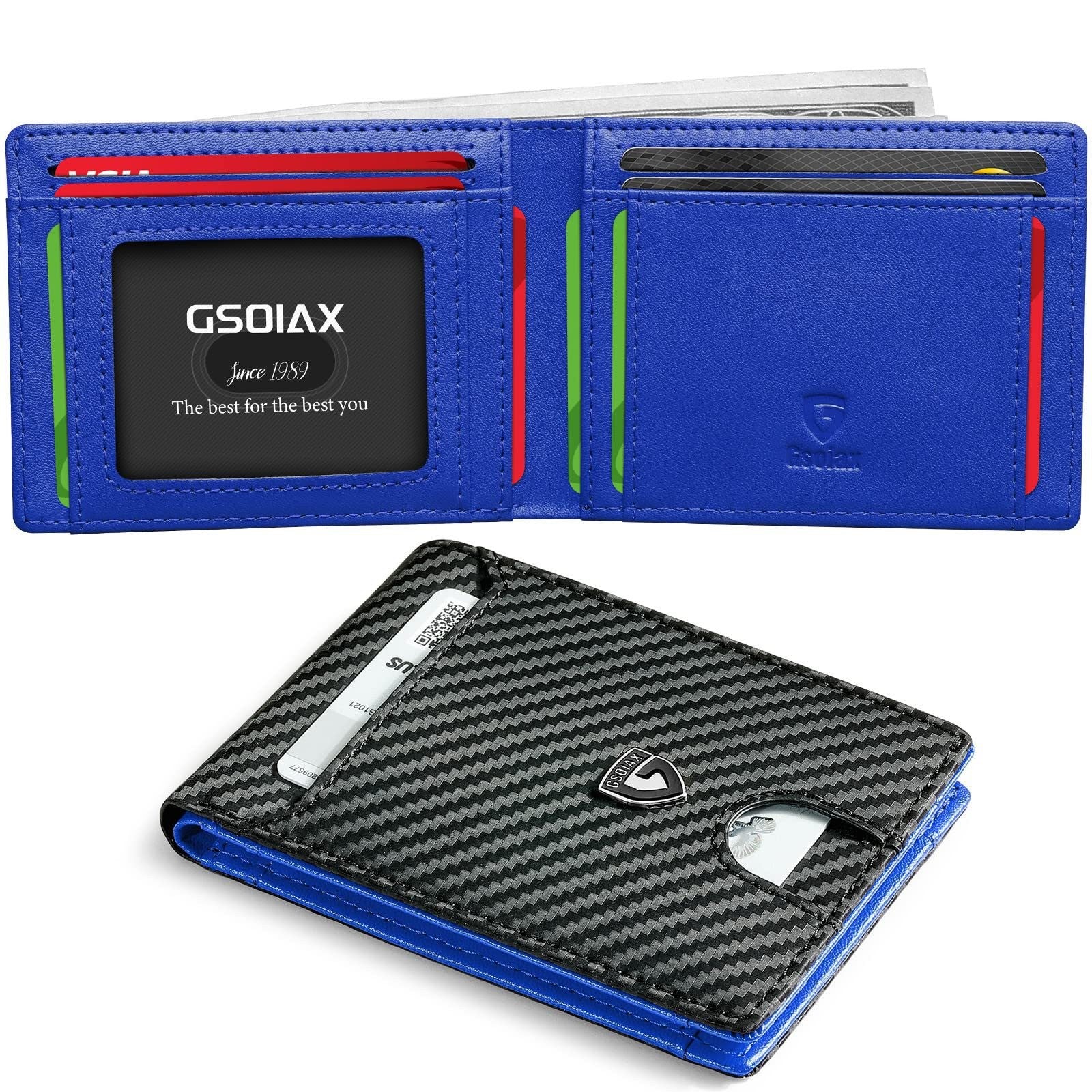 Men's Slim Leather Bifold Wallet - RFID Blocking, 11 Card Slots, ID Window(Carbon Blue)