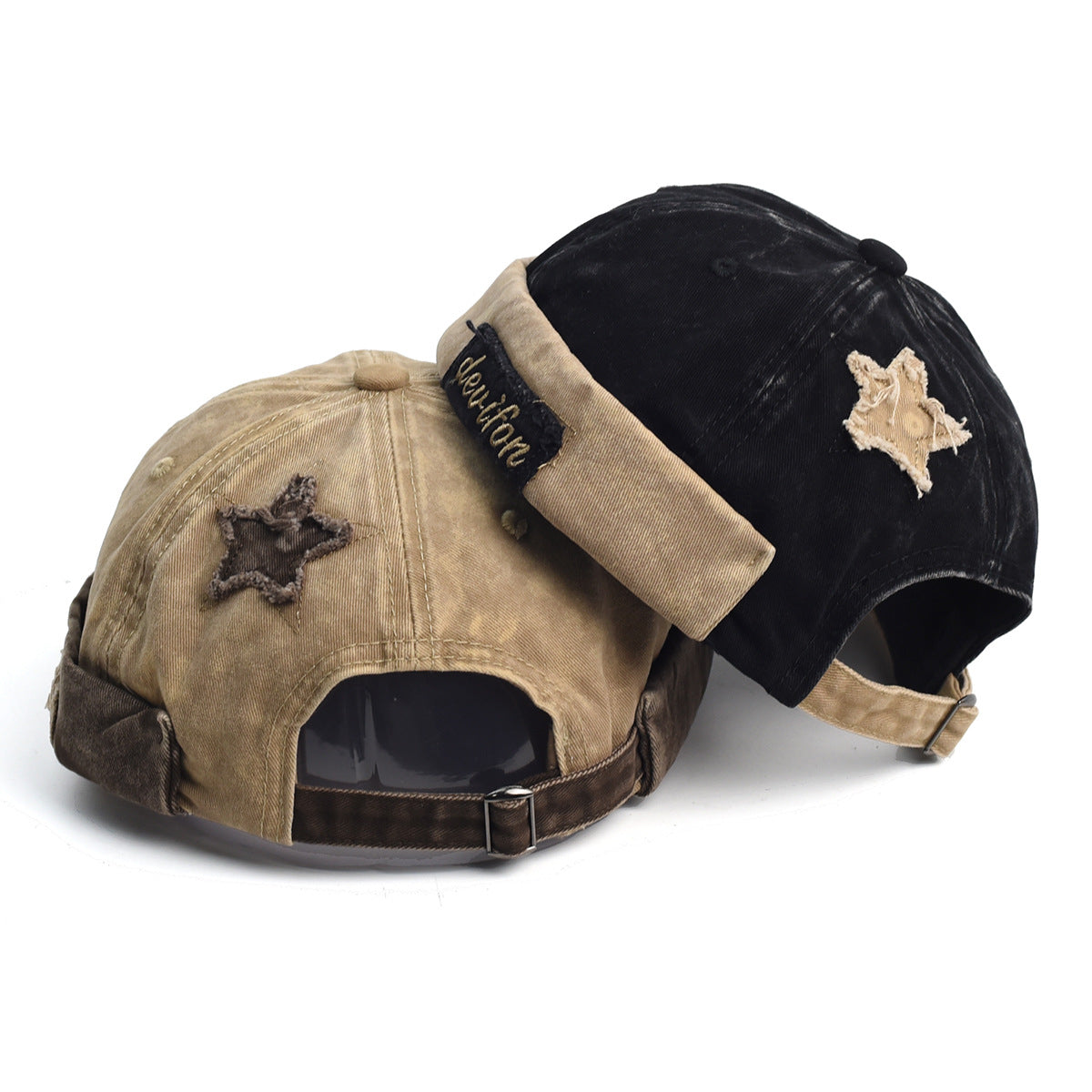 Vintage Washed Cotton Docker Cap - Unisex Brimless Beanie Hat with Star Patch(Black) 5