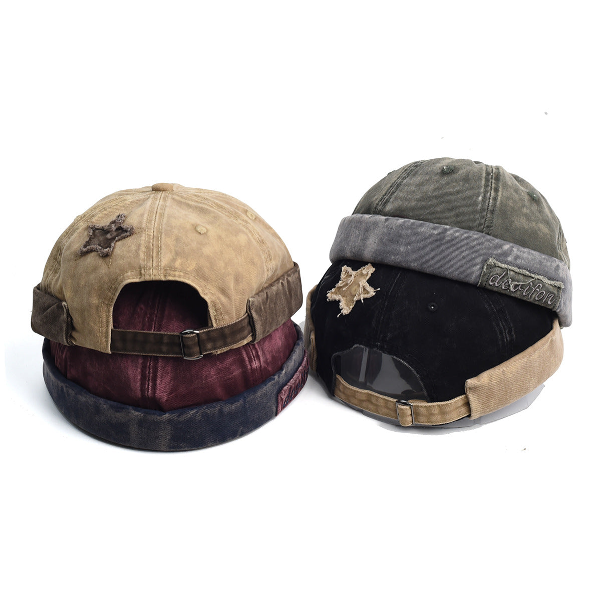 Vintage Washed Cotton Docker Cap - Unisex Brimless Beanie Hat with Star Patch(Khaki) 5