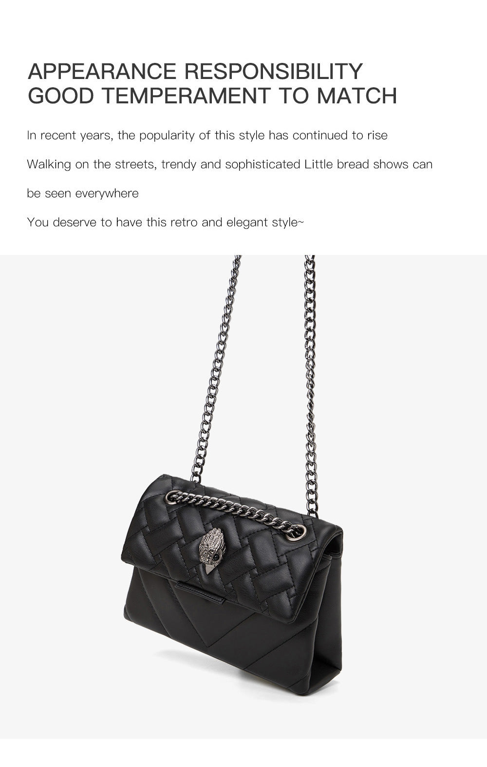 Elegant Quilted Leather Chain Bag with Bird Head Clasp(Black) 4