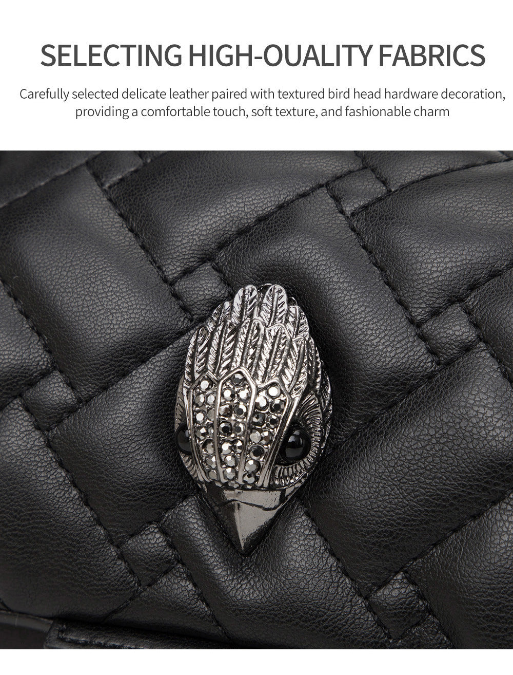 Elegant Quilted Leather Chain Bag with Bird Head Clasp(Black) 5