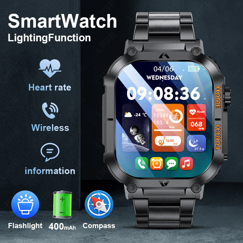 Smartwatch with Flashlight, Compass & Wireless Calling - Health & Fitness Tracker(Black case with black steel + black silicone) 3