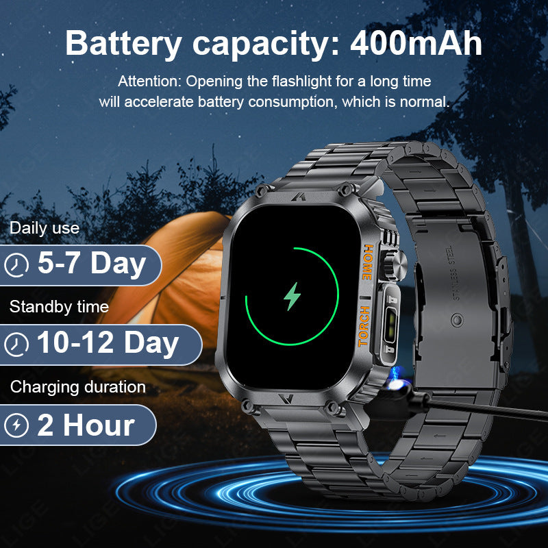 Smartwatch with Flashlight, Compass & Wireless Calling - Health & Fitness Tracker(Black case with black steel + black silicone) 4