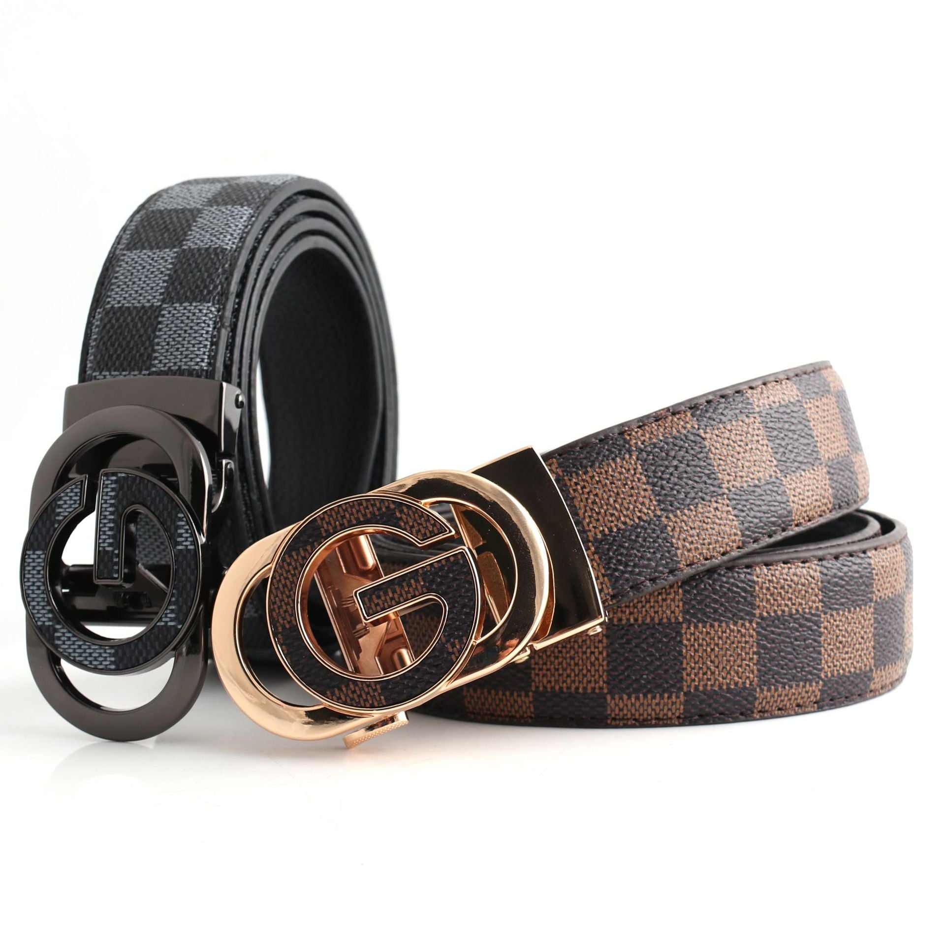 Luxury Designer Style PU Leather Belt,Automatic Buckle(G-patterned black-gray belt + silver buckle) 4