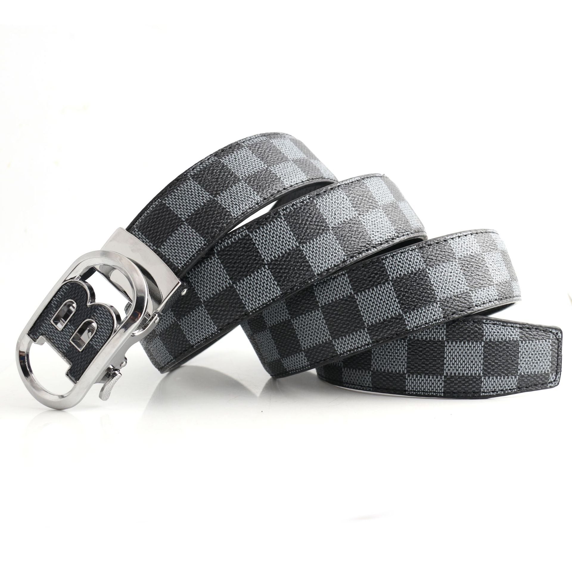 Luxury Designer Style PU Leather Belt,Automatic Buckle(B-patterned black-gray belt + silver buckle 3