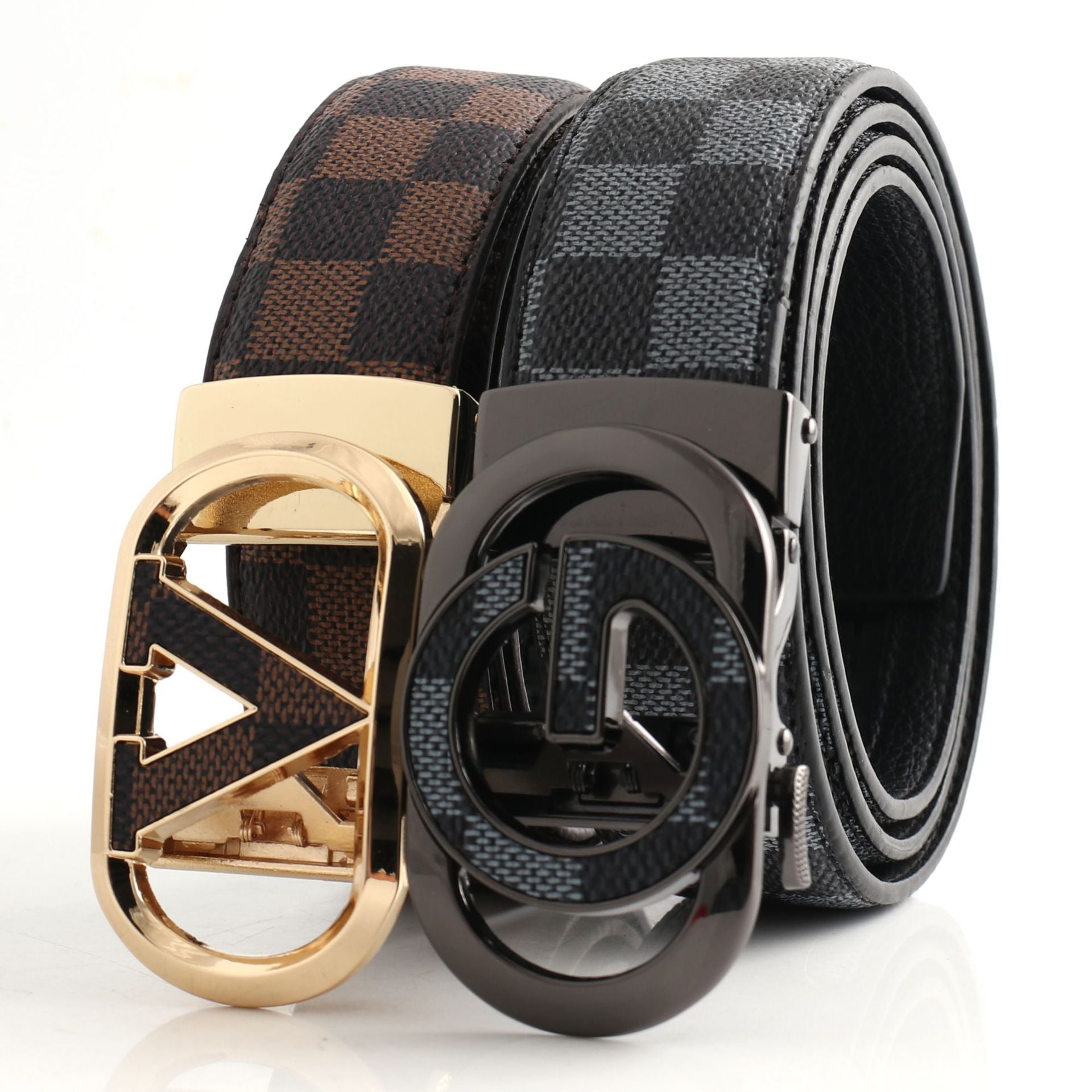 Luxury Designer Style PU Leather Belt,Automatic Buckle(V-patterned black-gray belt + gray buckle) 3