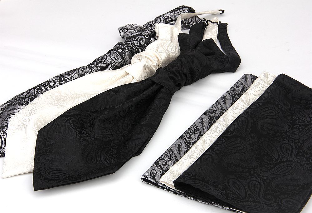 Men's Formal Paisley Ascot Cravat & Pocket Square Set - Adjustable Necktie for Weddings(Black) 5