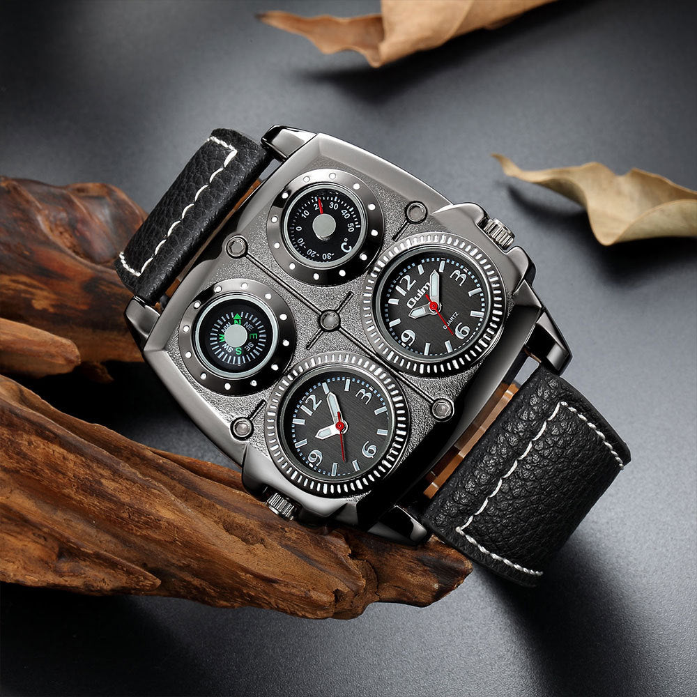 Men's Multi-Dial Sports Watch - Dual Time Zone, Compass, Thermometer, Luminous Hands(Pure black) 4