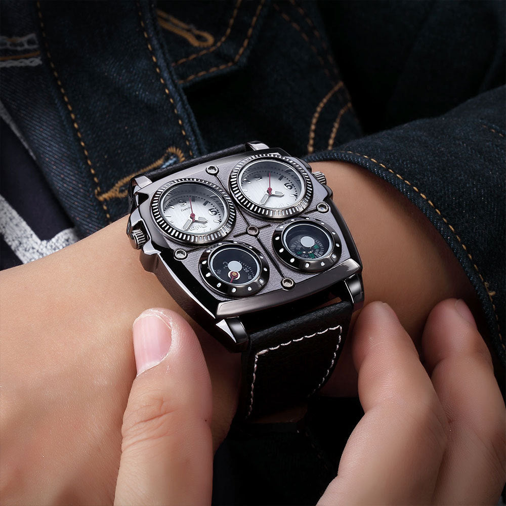 Men's Multi-Dial Sports Watch - Dual Time Zone, Compass, Thermometer, Luminous Hands(Black and white) 3