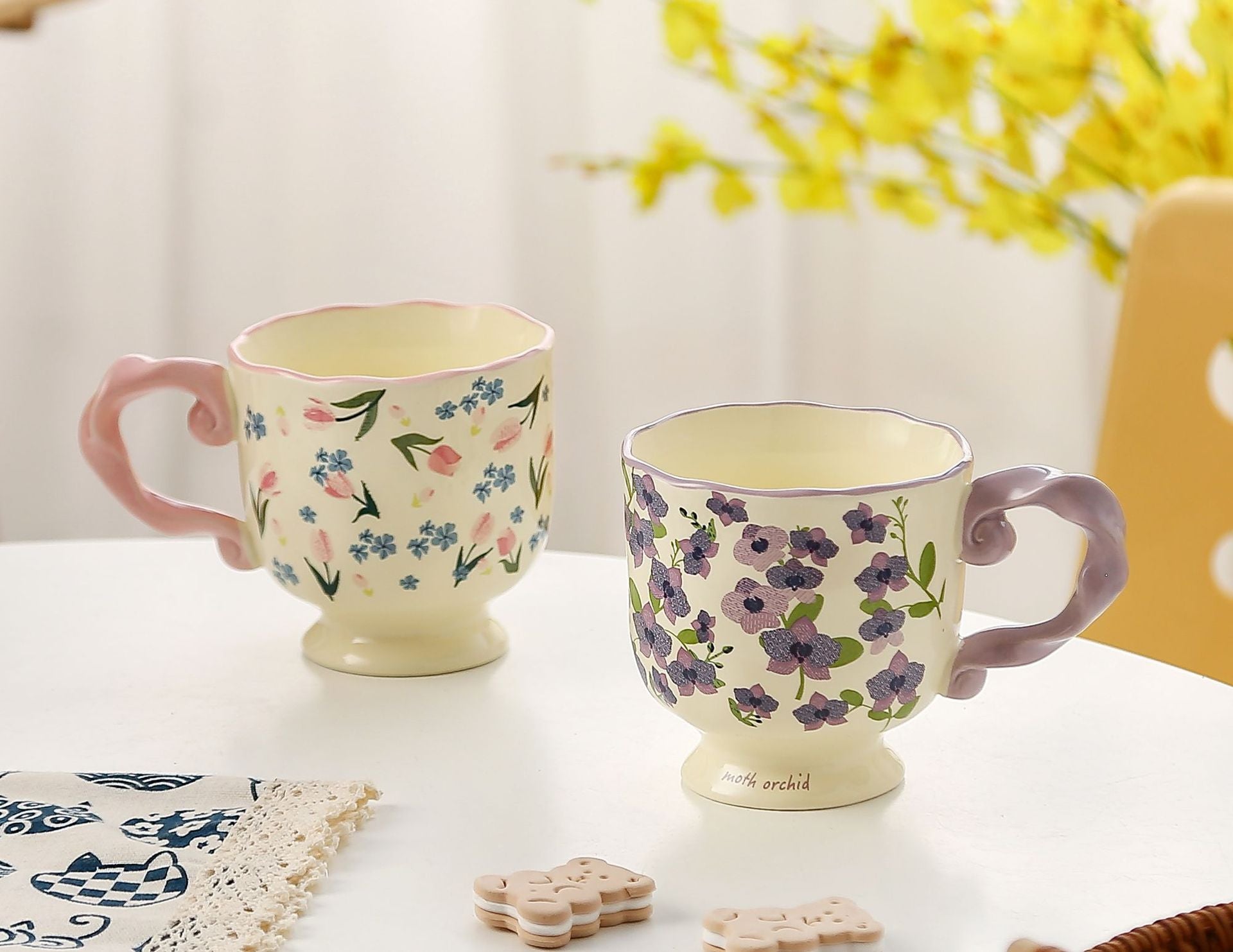 Elegant Ceramic Mug with Sculpted Handle,400ml Vintage Inspired Pedestal Design(Blue) 3