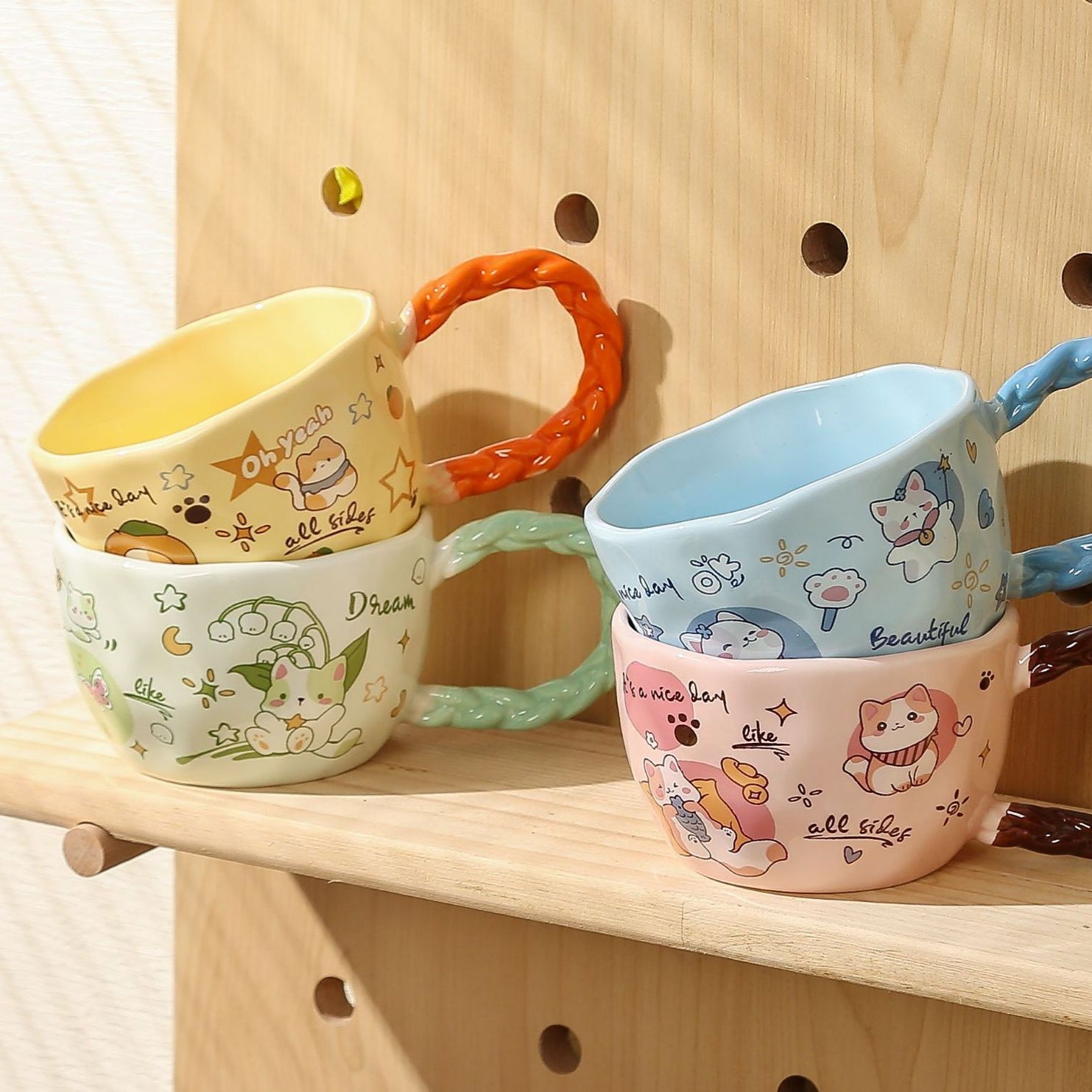 Whimsical Cat & Friends Ceramic Mug - 320ml with Unique Twisted Handle (Yellow) 3