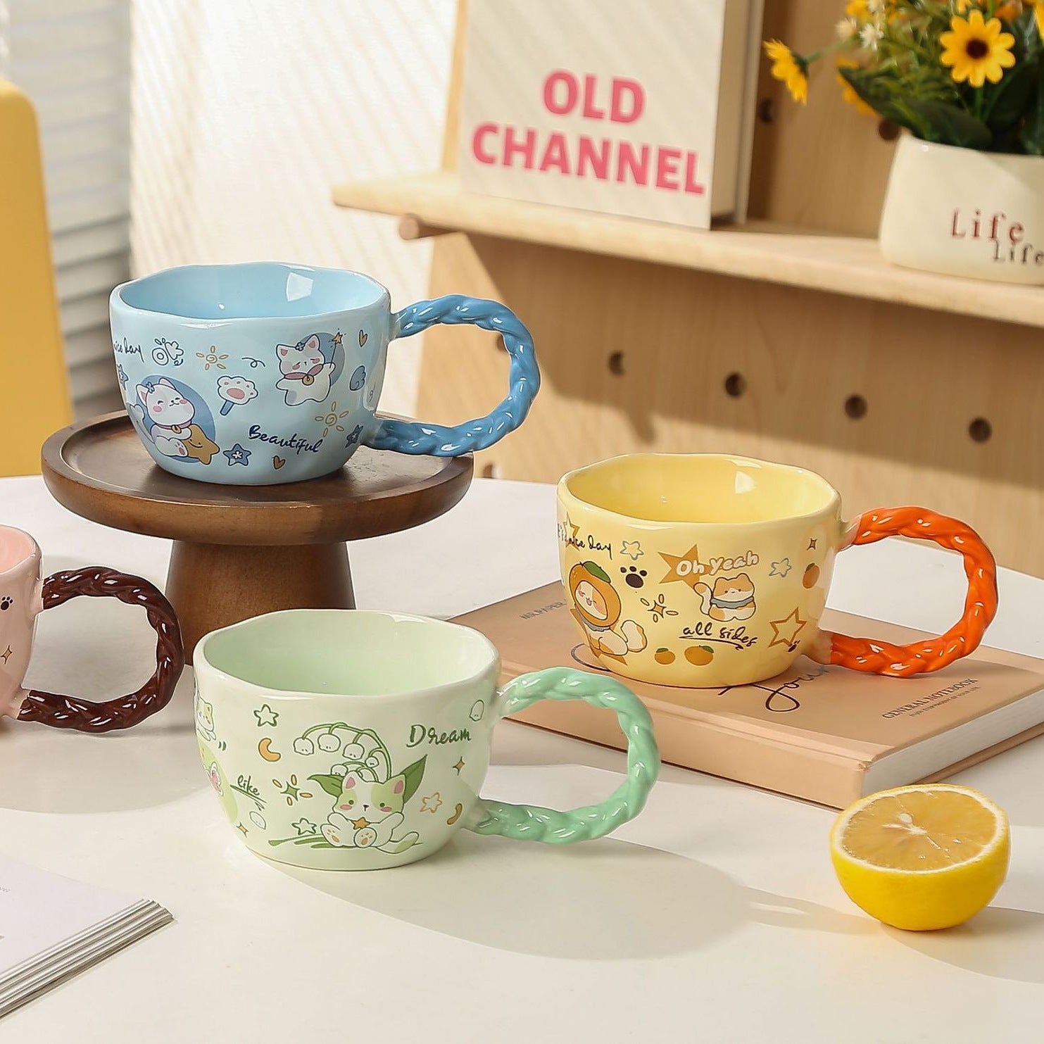 Whimsical Cat & Friends Ceramic Mug - 320ml with Unique Twisted Handle (Green)