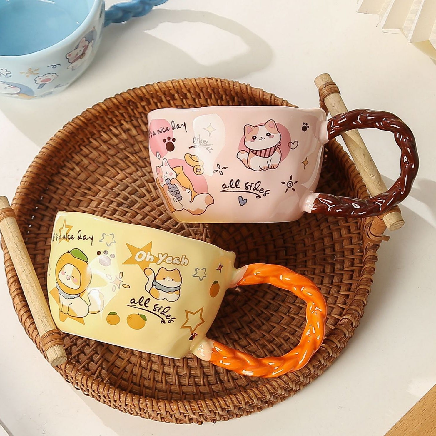 Whimsical Cat & Friends Ceramic Mug - 320ml with Unique Twisted Handle (Green) 4