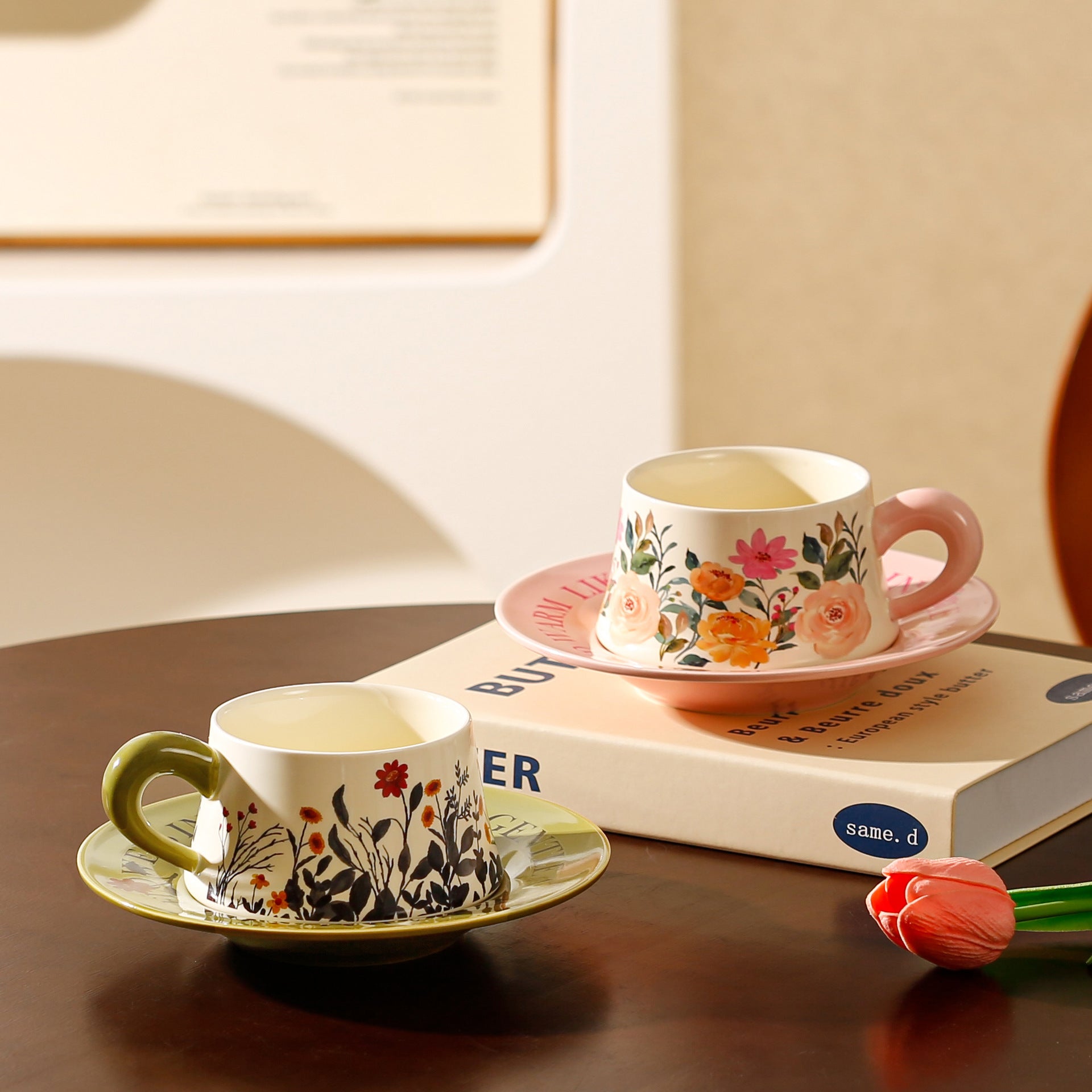 Vintage Floral Ceramic Coffee Cup & Saucer Set(White disc - purple flowers)