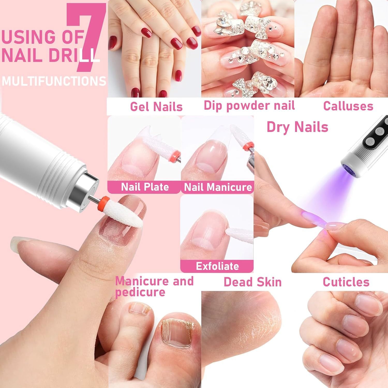 Portable Cordless Electric Nail Drill Kit with UV Lamp - 0-20000RPM, LED Display, 12 Bits(White) 3