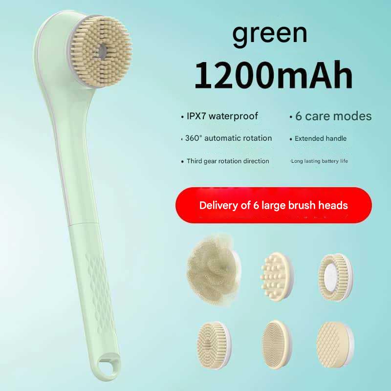 Rechargeable Electric Body Brush & Back Scrubber - 6 Heads, IPX7 Waterproof(Green)