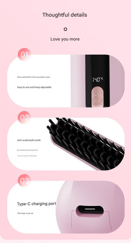 Cordless Hair Straightener Brush - 4000mAh USB-C Rechargeable, 4 Temps, Anti-Scald 3D Comb Design(white) 6