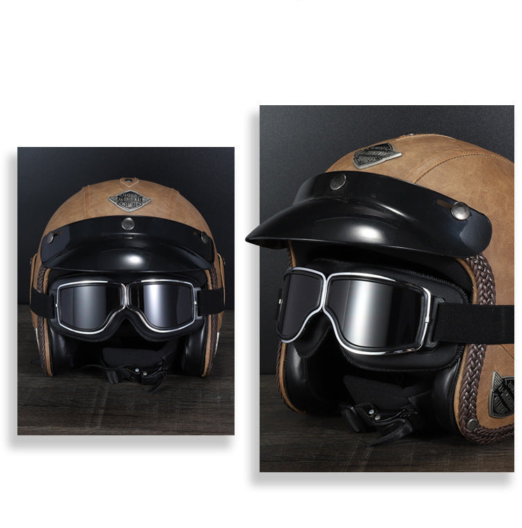 Retro Motorcycle Goggles - Windproof, UV400 Protection, Anti-Impact PC Lenses with Leather Frame(Black leather clear lens) 4