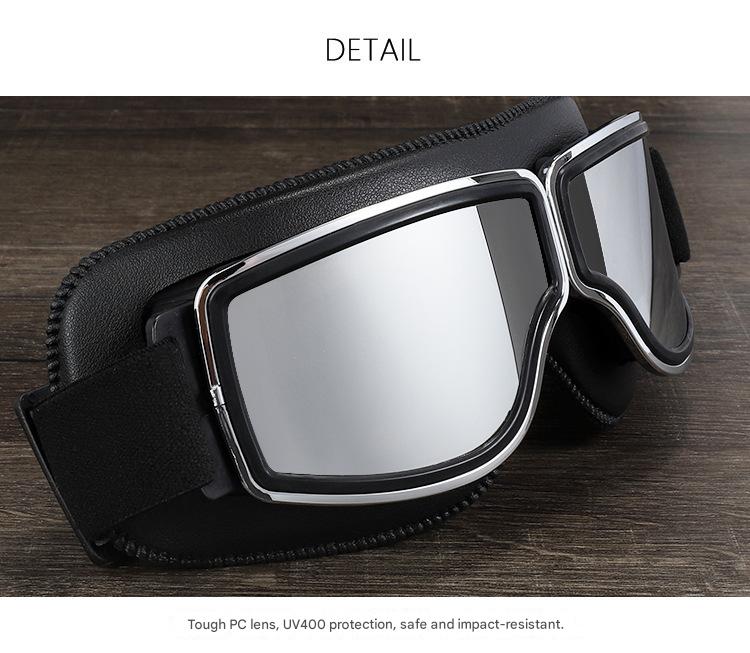 Retro Motorcycle Goggles - Windproof, UV400 Protection, Anti-Impact PC Lenses with Leather Frame(Black leather clear lens) 5
