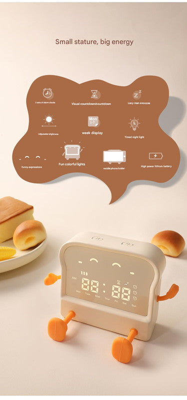 Adorable Toast-Shaped Digital Alarm Clock with Night Light & Phone Stand - Multifunctional Kids Clock(milky) 3